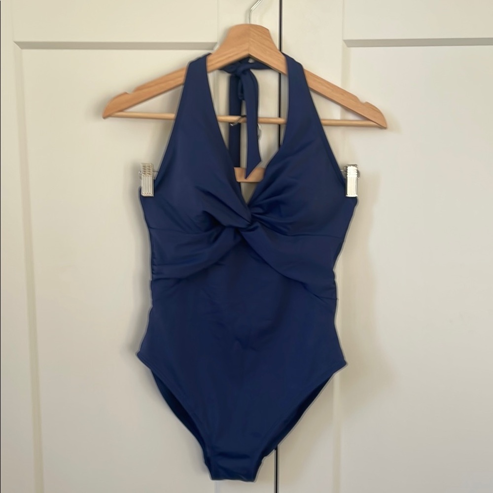 Boden Blue One Piece Swimsuit with Halter Neck and Bow Accent